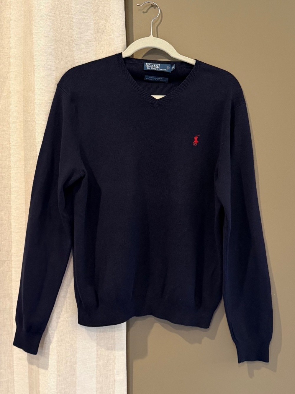 Polo Ralph Lauren Navy Blue Long Sleeve V-neck Sweater Red Pony, Size Medium